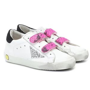 2023 Beyaz İtalya Çocuk Boyutu Çocuk Boyut Ayakkabı Klasik Yapmak Kirli Altın Glitter Hook Döngü Sabahları Deri Süper Yıldız Ayakkabı Metal Yazılar 19-34 7RKB