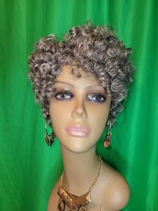 New custom short human crochet gray hair wig salt &pepper silver grey afro kinky curly full strecthy breathable non lace wig pixie cut bob