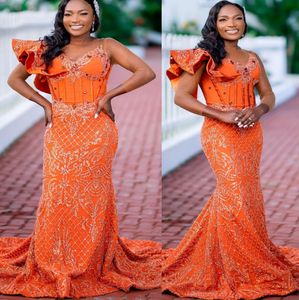 2022 Plus Size Arabic Aso Ebi Orange Mermaid Luxurious Prom Dresses Pärled Crystals Evening Formal Party Second Reception Birthday Engagement Gowns Dress ZJ222
