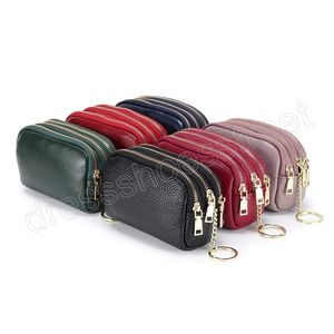 Three Zippers Small Key Coin Money Bag Wallet Genuine Leather Women Card Key Holder Change Pouch Purse Mini Pocket
