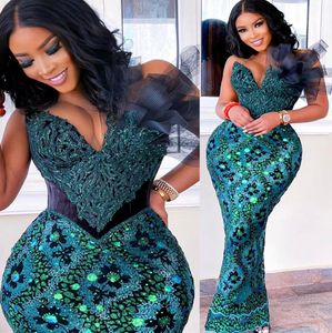 2022 Plus Size Arabic Aso Ebi Hunter Green Mermaid Prom Dresses Sheer Neck Evening Formal Party Second Reception Födelsedagsengagemang Klänningar ZJ266