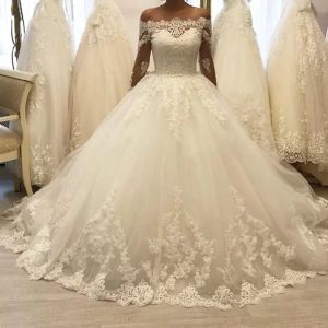 Ball Gown Wedding Dresses Bridal Lace Applique Off The Shoulder Long Sleeves Scalloped Custom Made Plus Size Vestidos De Novia 403 403