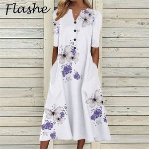 Eleganckie sukienki dla kobiet w szyi z krótkim rękawem impreza Dres Summer Vintage Print Dress Casual Loose Flower Ladie