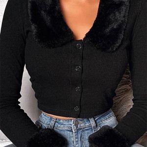 WannaThis Black Long Sleeve Women Fluffy Turn-down Collar Button Autumn Shirt Warm Cropped Top Slim Elastic Casual Tops 220321