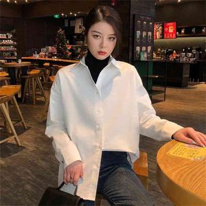 Женщина белая рубашка весна лето мод в корейском повседневном длинном рукаве свободные рубашки женская уличная блузка топы 210401