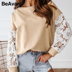 Beavant Casual okrągła szyja Koszula Bluzka Seksowna koronkowa kobiety bawełny bawełny modny wzór kwiatowy pusta koszula z długim rękawem 210709