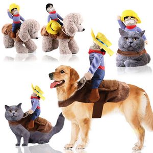 Rolig Pet Cat Cowboy Rider Dog Costume Dogs Clothing Cosplay Product Knight Style With Hat Funny Costumes Dress Clothes Y200917