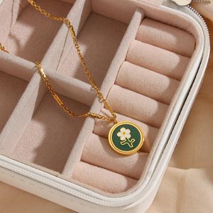Colliers pendants Ins en acier inoxydable Gold Green Flower Collier pour femmes bijoux de mode d'émail vintage