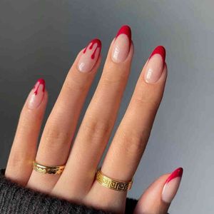 Falska naglar avtagbar manikyr bärbar mandel rund nagelkonst enkel press på rött fransk temperament falsk med design grossist 0616