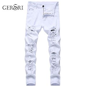 Straight Hole Destruction Trousers Distressed Jeans Men Denim Fashion Designer Brand White Pants Male Large Size 220328