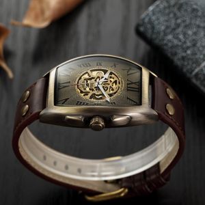 Armbandsur med mekanisk brons antik läder manlig skelett automatiskt klocka vintage klocka reloj hombrewristwatches