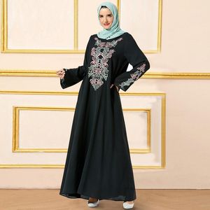 Uzun Arap Elbise toptan satış-Günlük Elbiseler Siskakia Paisley Işlemeli Uzun Elbise Siyah Artı Boyutu Gevşek Arap O Boyun Kol Sonbahar Giyer