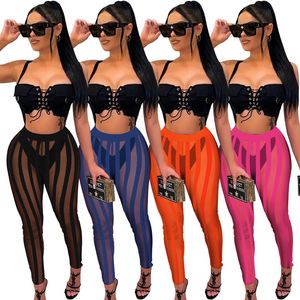 2022 Summer Stripe Printing Mesh Casual Pants For Womans Skinny Slim See Through Sexy Thin Trousers 1756