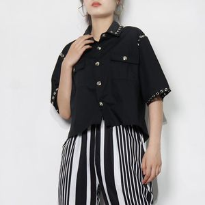 Blusas de las mujeres camisas elegante solapa soltera superior de manga corta 2022 Oficina abierta trasera Color sólido Camisa personalizada