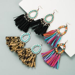 Cuelga la lámpara Estilo bohemio Incrustaciones de marco Piedra multicolor Hecho a mano Colorido Cuero Largo Tassles Pendientes colgantes para mujeres Niñas Moda