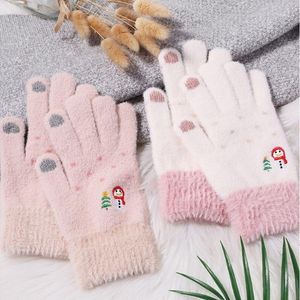 Luvas de cinco dedos Moda de cor de cor de cor sólida espessada bordado de boneco de neve bordas Tela de toque quente peludo