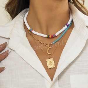 Boho skiktade kristallfröpärlor kedjehalsband för kvinnor trendiga mån/fyrkantiga hängen halsband set 2022 modesmycken för nacke