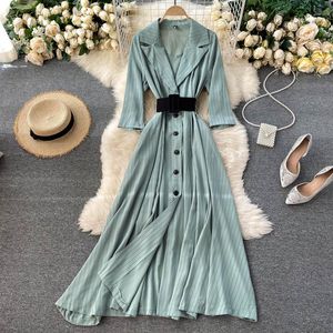 Casual Dresses Beach Lace Autumn Party A-Line Long Sleeve High Waist Spring Vintage Suit Dress Belt Women Elegant Luxury Stripe 2022
