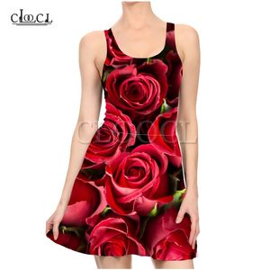 Färgglada retro rose blommaklänning 3d tryck mode casual sommar kvinnor klänningar sexig smal ärmlös strandklänning 220617