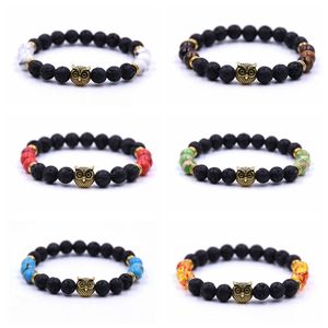 Testa di gufo Pietra lavica Fili di perline Bracciale Uomo Perline Pietra preziosa di roccia Perline Bracciali animali in oro antico Pluseras Donna Stretch Yoga Gioielli