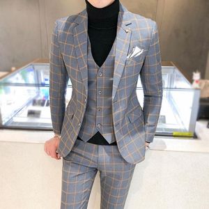 Men Dress Pants Vest 3 Piece Suits / Male Wedding Autumn Business Formal Plaid Suit Luxury Slim Fit Coat Trousers