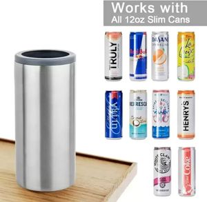 Stock 12oz Slim Tumblers Can Cooler Stainless Steel Silver Beer Cold Keeper Double Wall Insulated Vacuum Cola Drink Beverage Beer Can Holder