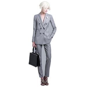 Women's Two Piece Pants Womens Business Suits Light Gray Double Breasted Long Sleeve Female Trouser 2 Sets Office Uniform StyleWomen's