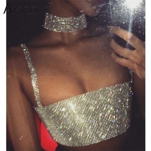 Silver Shiny Diamante Tank Top Women Low Neckline Backless Bling Patchwork Crop Night Club Chic Lady s 220318