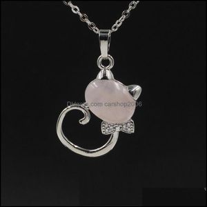 Pendant Necklaces New Lovely Cat Round Stones Turquoise Pink Quartz Charms Necklace For Women Men Gift Accessories Drop Dhseller2010 Dhc8Y