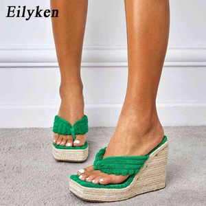 Eilyken New Arrival Design Green Corduroy Platform Wedges High Heels Pinch Slippers Mules Shoes Women Sandals