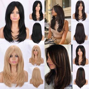 Synthetic Wigs for Women Long Dark Brown Black with Bangs Natural Wave Layered Hairstyle Wig Copper Ginger Red Cosplay Hair 220622