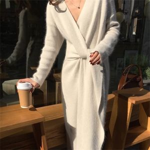 Herbst Pullover Frauen Kleid Winter Langarm Pullover Gestrickte Kleider Lange Lose Maxi Übergroßen Kleider Stricken Robe Vestido 201225