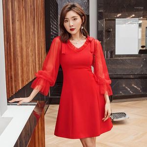 Casual Dresses YIGELILA Autumn Arrivals Red Dress Full Sleeves V-neck Solid With Bow Flare Above-knee Short 65383