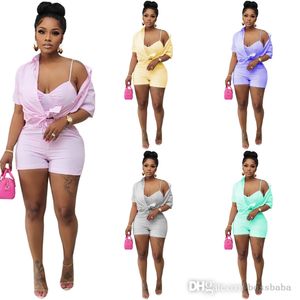 2022 Womens Tracksuits Women 3 Pieces Plain Stripped Print Shirt Shorts Set 2023 Femme Casual Top Pocket Design Suits Lady Sexy Overalls