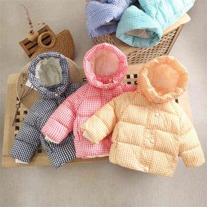 Winter Boys Girls Down Jackets Plaid Cotton Children High Closed Hooded Short And Velvet Quilted Jacket Winter J220718