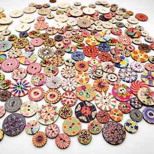 Sewing Notions Mixed Random Flower Painting Round 2 Holes Vintage Wood Buttons for DIY Scrapbooking Crafts Clothing Accessories 20mm