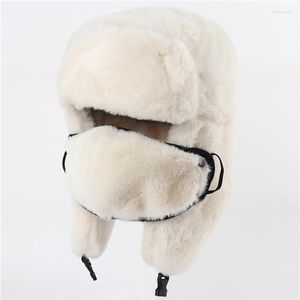 Berets Hohe Qualität Uschanka Thermo Winter Faux Pelz Hut Frauen Bomber Hüte Warme Rosa Ski Ohrenklappen Maske Sowjetische Russische Schnee kappe Delm22