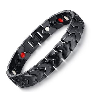 Healthy Bangle Stainless Steel Heart Magnet Germanium Stone Men's Bracelet Chain Black 12mm 8.5 Inch Nice Gifts For Father Husband