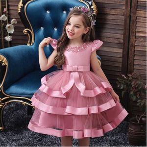 Barnens Beaded Mesh Dress Girls Layered Bubble Dresses 2022 Ny Listing Girl Bankett Party Julklänningar 5 Färg