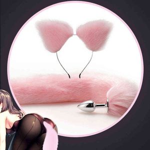 SEX TOYS 3 SIZE Cute Soft Cat Ears Headbands 40cm Fox Tail Bow Metal Butt Anal Plug Erotic Cosplay Accessories H220414