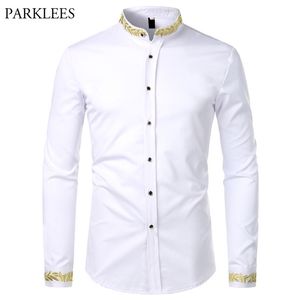 قميص أبيض مطرز باللون الذهبي للرجال ذو ياقة ثابتة قمصان رجالي غير رسمية ضيقة بأكمام طويلة شيميز أوم Camisa Masculina 220420