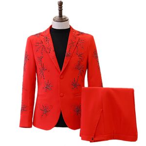 Erkek Kırmızı Parlak Rhinestones Blazer Suits Erkek Şarkıcı Sahnesi Konser Zemin Gösteri Gösteri Ceket Pantolon 2 Parça Set Damat Düğün Takım Formal Smokin