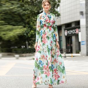 Damenkleid, O-Ausschnitt, lange Ärmel, bedruckt, elegant, Maxi, Modedesigner-Kleider, Vestidos