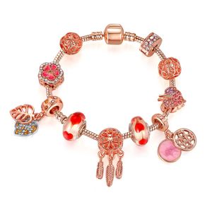 Dreamcatcher Con Cuentas al por mayor-Encanto Cadena de mano con cuentas Dreamcatcher Colgante Pink Charms Beads Fit for Rose Gold and Silver Pulseras DIY Accesorios de joyería