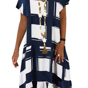 Sommer Gitter Druck Casual Kleid Frauen V-ausschnitt Kurzarm Vintage Kleider Für Frauen Plus Größe Strand Boho Lose Midi kleid 220531