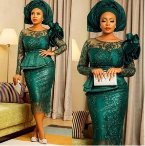 2022 Sexy Dark Green Arabic Plus Size Mother Of The Bride Dresses Tea Length Sequined Lace Jewel Neck Illusion Long Sleeves Peplum Evening Gowns B0623