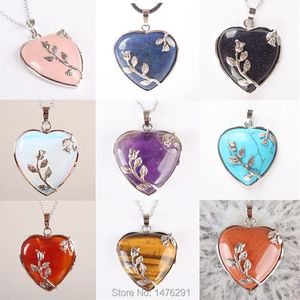 Pendant Necklaces Mix-Crystal Stone Onyx Rose Pink Crystal Opal Lapis Carnelian Tiger Eye Heart Shaped Bead Inlaid Flower Jewelry Pendants 1