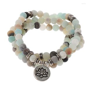 Perlenstränge Mala Amazonit 108 Perlen Halskette für Yoga Buddhist Rosenkranzgebet Charmalm Armband Fawn22