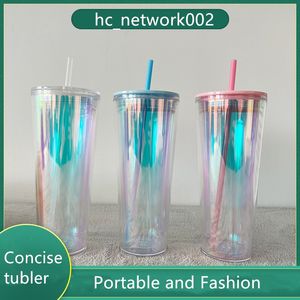New Hot selling! 3 colors 24oz 710ml Plasic tumblers Ins Double Layer Plastic laser Tumblers With Straw Portable and Solid