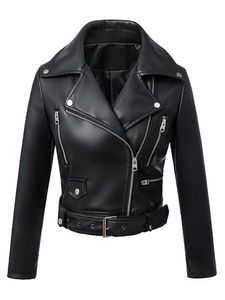 New Women Women Spring Autumn Black Faux Leather Jackets Zipper Basic Coat Bush Down Collar Motor Motor Biker With Belt